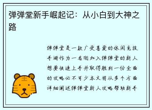 弹弹堂新手崛起记：从小白到大神之路