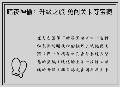 暗夜神偷：升级之旅 勇闯关卡夺宝藏